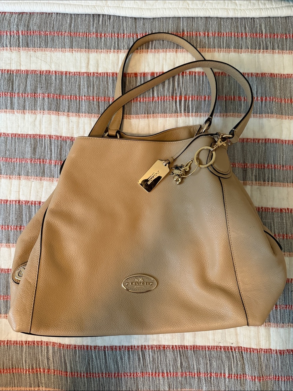 Coach Taupe Pebble Leather Shoulder Bag with Gold Hardware